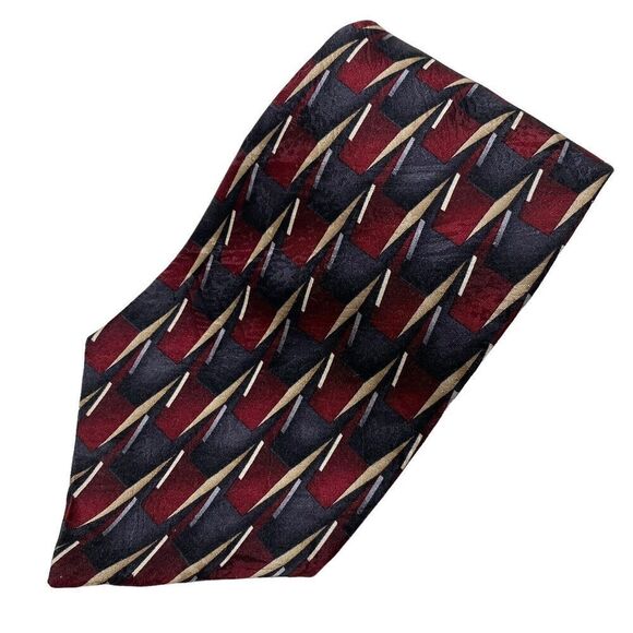 Vintage Oleg Cassini Necktie Men's Tie Maroon Gray Gold Silk Geometric Designer - Picture 1 of 7